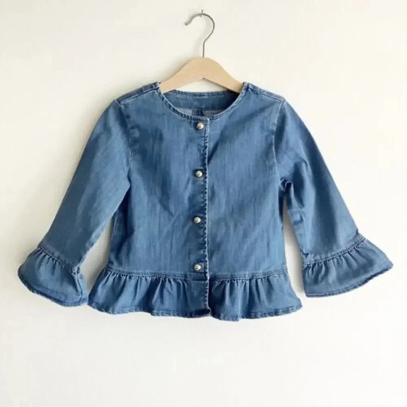 Janie and Jack Girls Blue Long Sleeve Button Front Ruffle Trim Top Size 3/4 - Picture 1 of 5